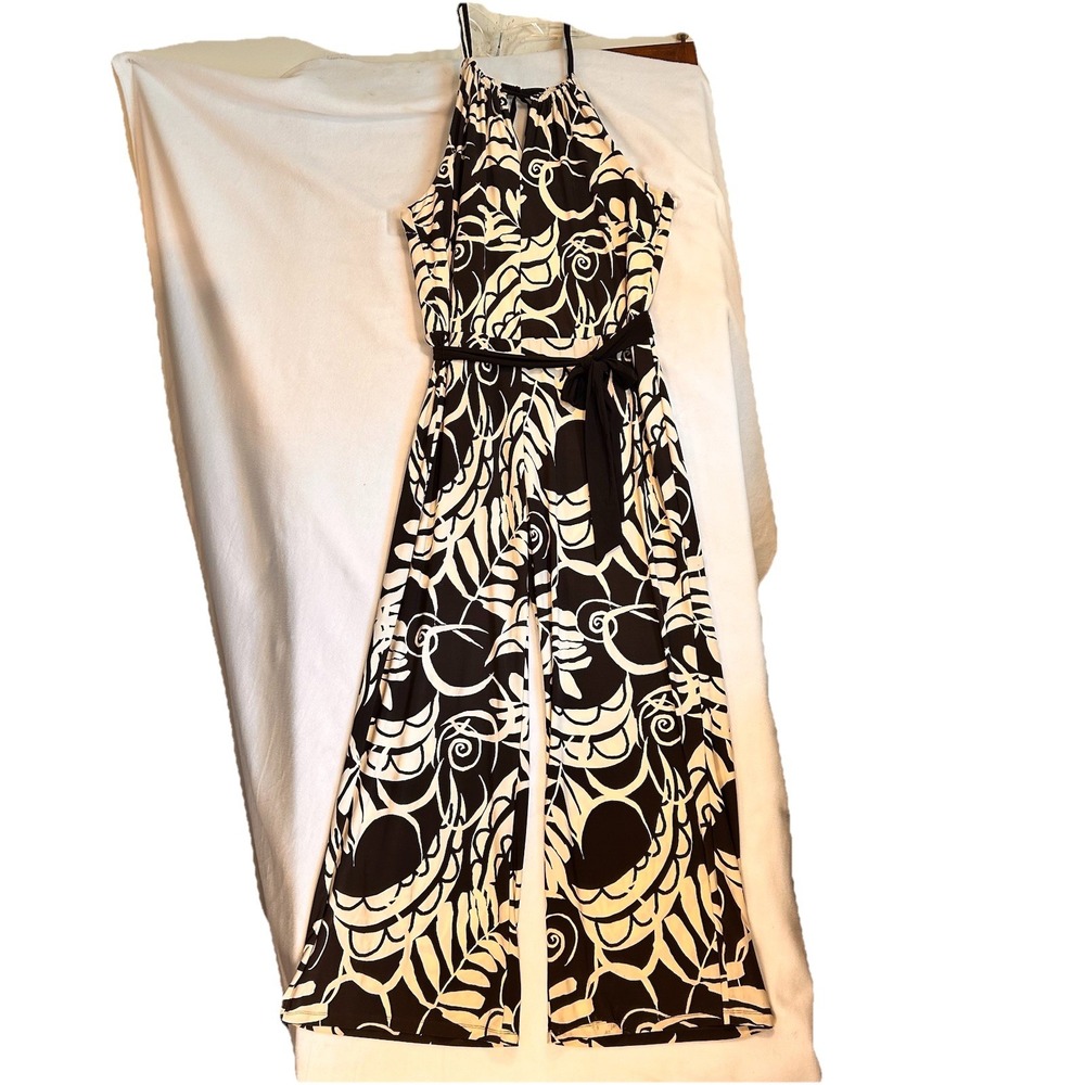 Lauren Ralph Lauren Jumpsuit XL Botanical Graphic WideLeg Halter Brown CreamNWOT